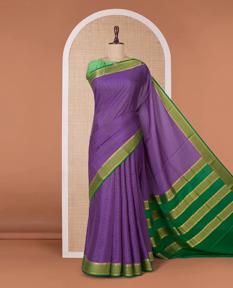 Purple zari checked Mysore silk saree, contrast peacock eye border, and pallu of zari stripes