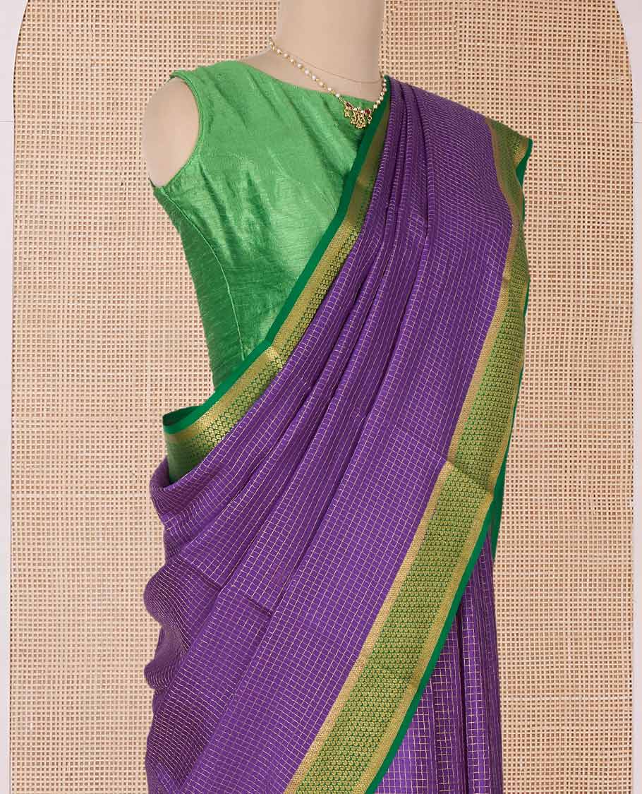 Purple zari checked Mysore silk saree, contrast peacock eye border, and pallu of zari stripes