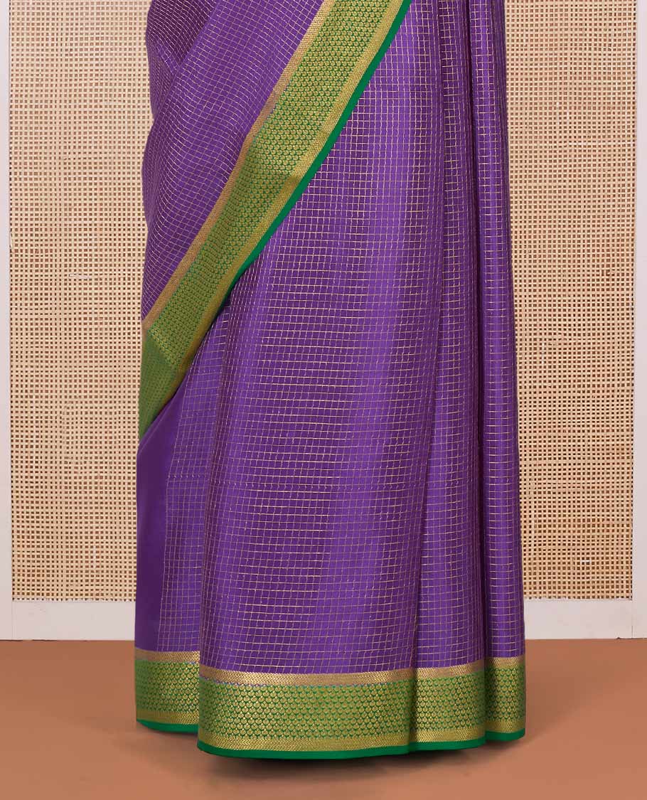 Purple zari checked Mysore silk saree, contrast peacock eye border, and pallu of zari stripes