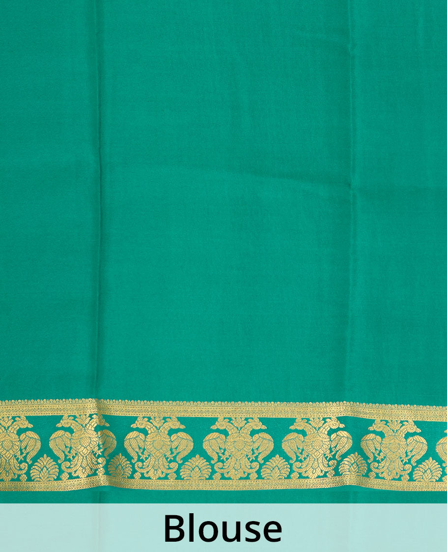 Purple plain Mysore silk saree, contrast two-headed eagle border, and pallu of traditional designs