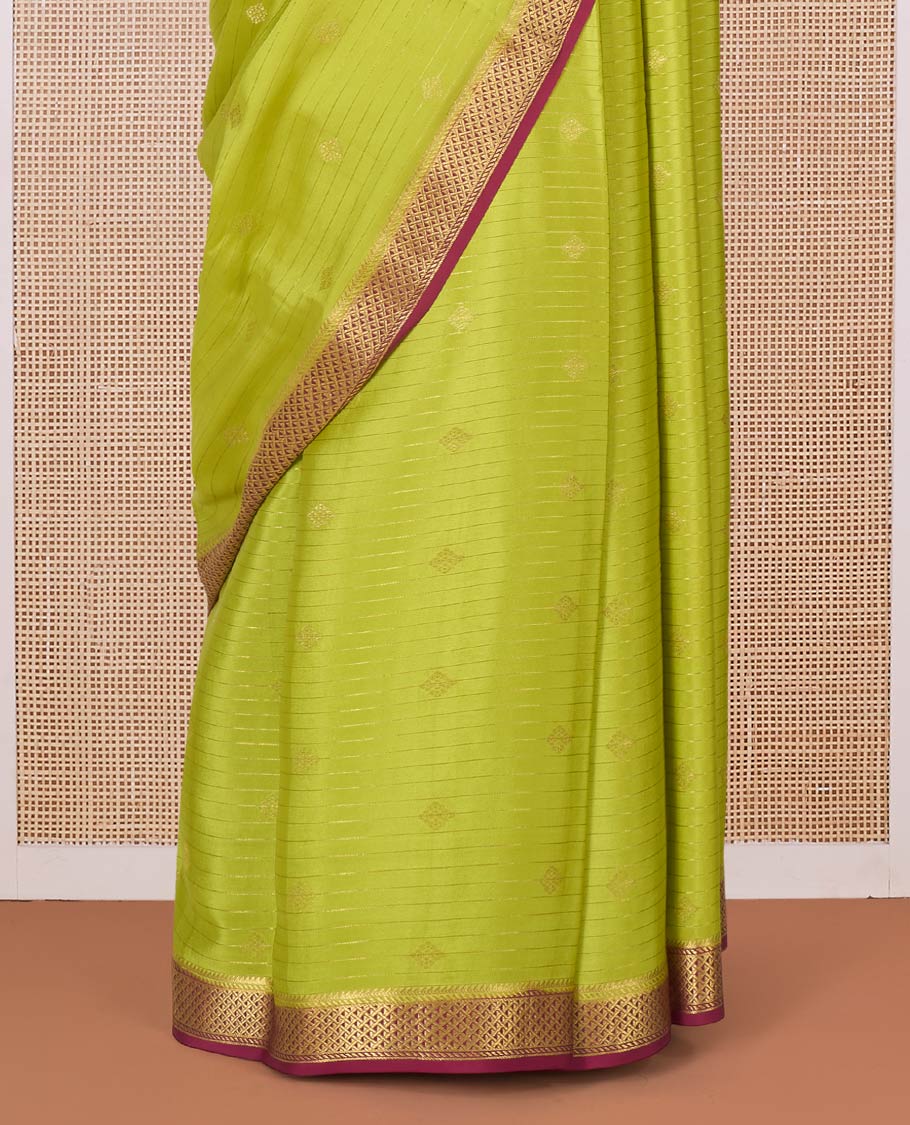 Lemon yellow zari striped and zari buttas Mysore silk saree, contrast jaal zari border, pallu of jaal design
