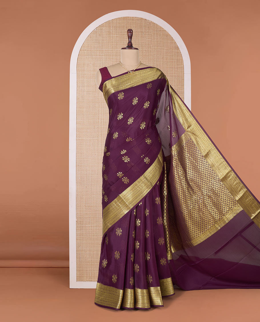 Maroon zari buttas Mysore silk saree, traditional zari border, and pallu of jaal design
