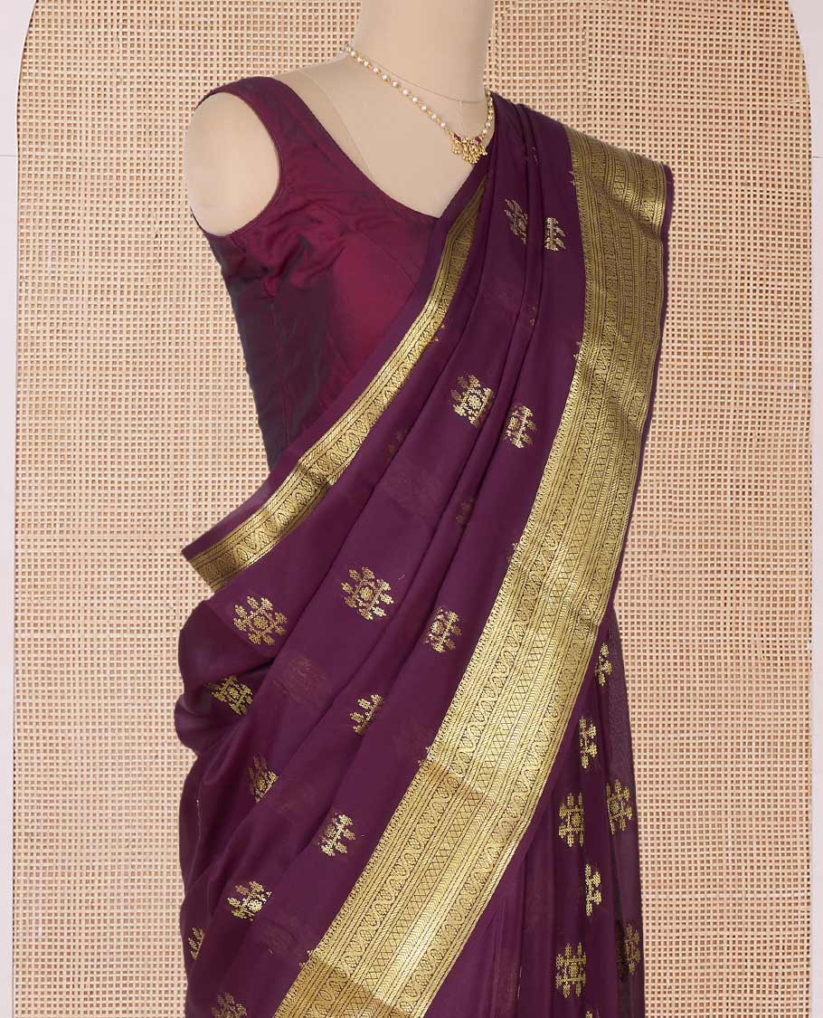 Maroon zari buttas Mysore silk saree, traditional zari border, and pallu of jaal design