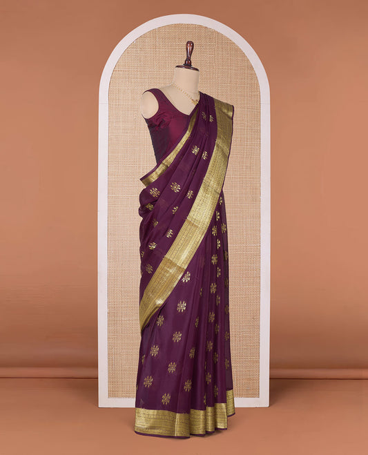 Maroon zari buttas Mysore silk saree, traditional zari border, and pallu of jaal design
