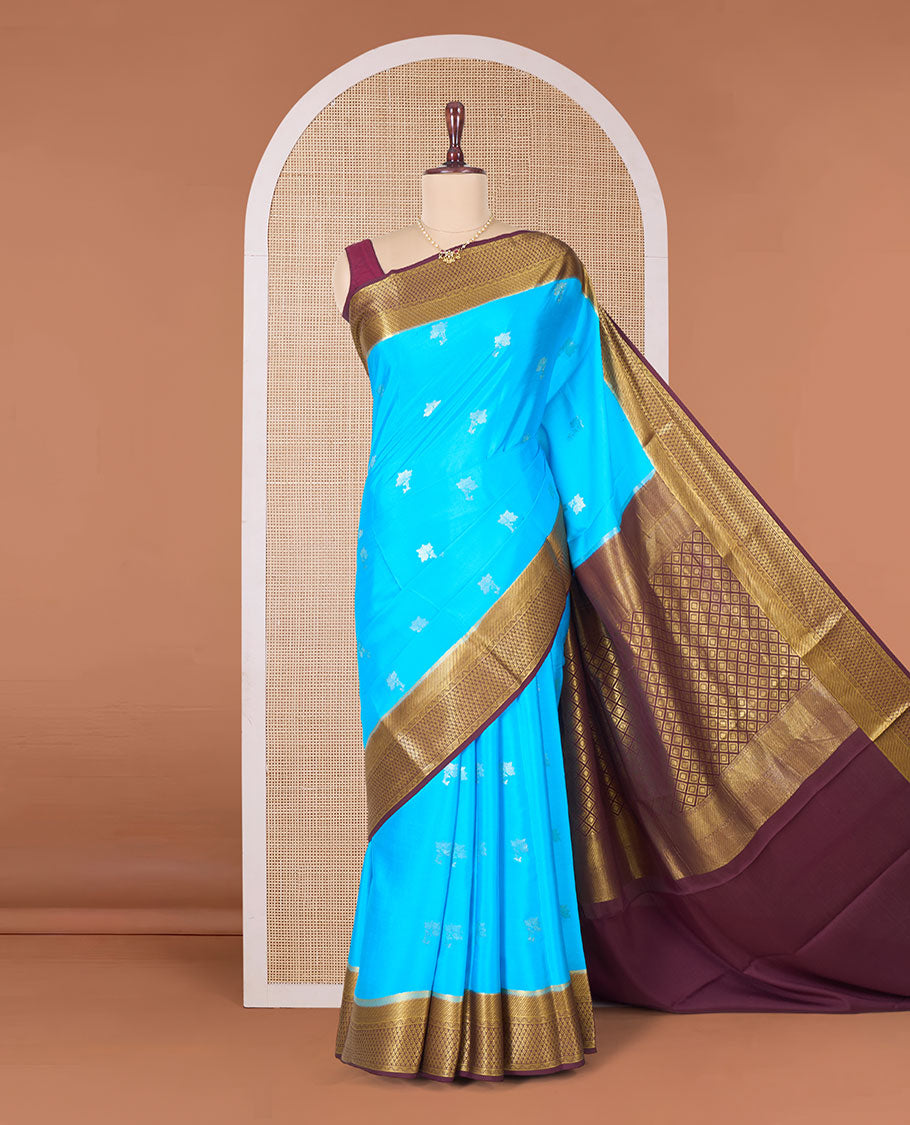 Blue zari floral buttas Mysore silk saree, contrast traditional zari border, and pallu of jaal design