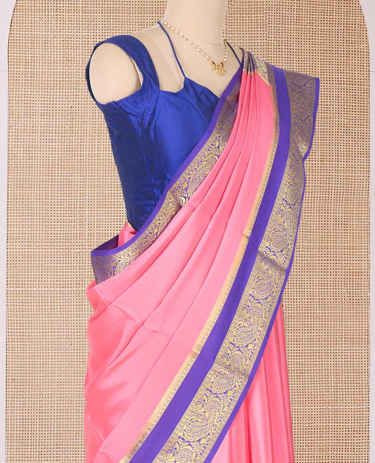 Pink plain Mysore silk saree, contrast rettai pettu traditional zari border, and pallu of jaal design