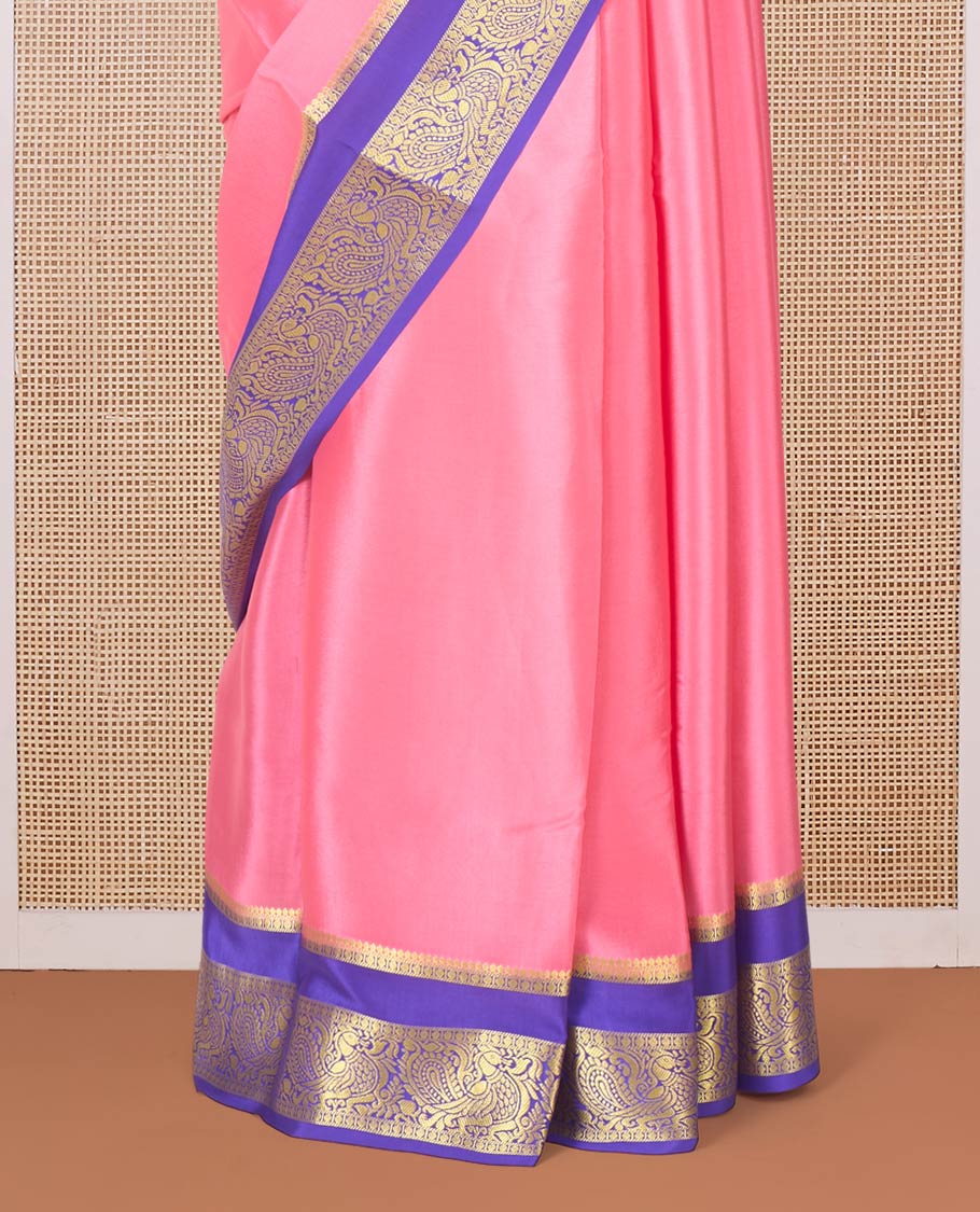 Pink plain Mysore silk saree, contrast rettai pettu traditional zari border, and pallu of jaal design