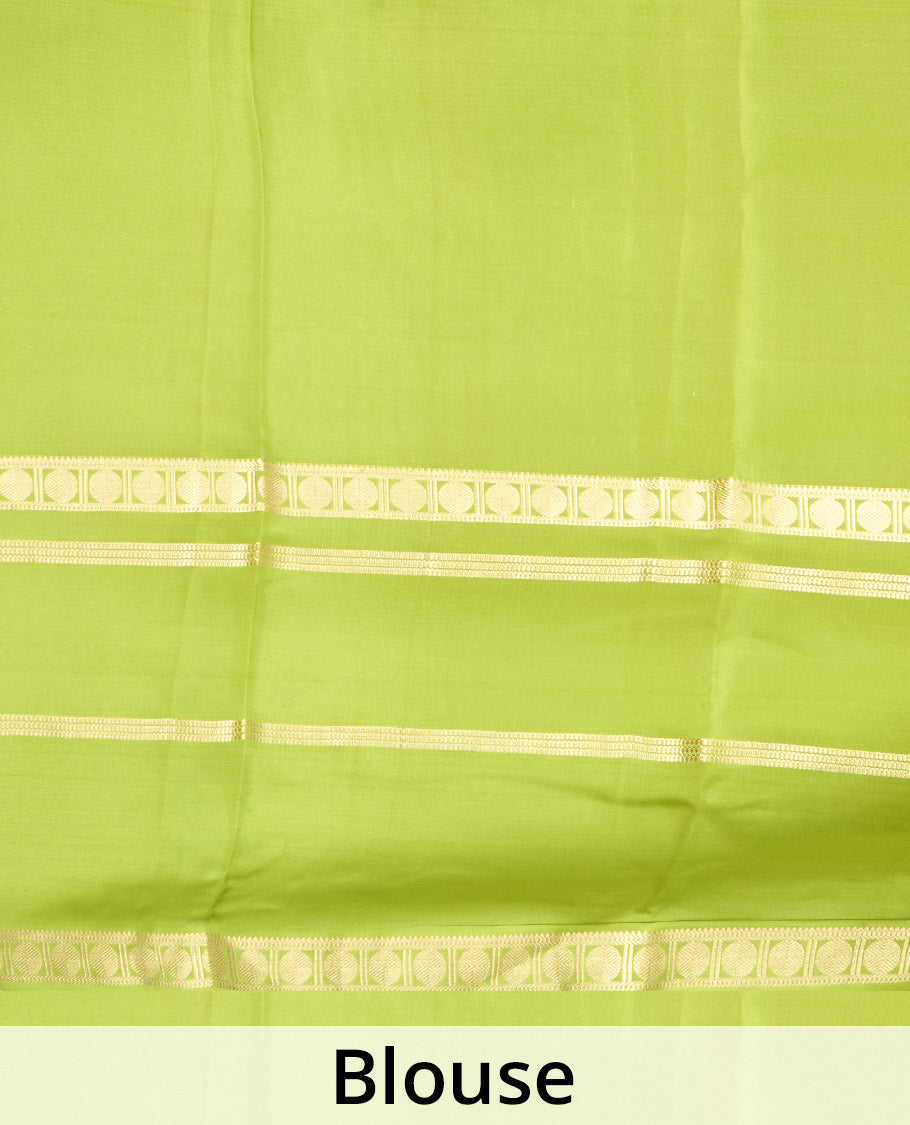 Red buttas enclosed checked Mysore silk saree, contrast colorful traditional zari border, and zari design pallu