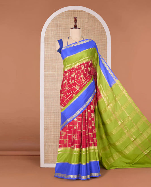 Red buttas enclosed checked Mysore silk saree, contrast colorful traditional zari border, and zari design pallu