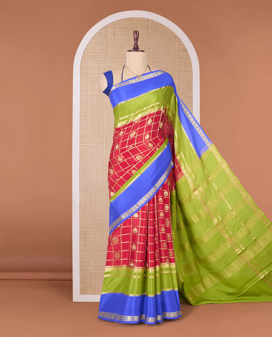 Red buttas enclosed checked Mysore silk saree, contrast colorful traditional zari border, and zari design pallu