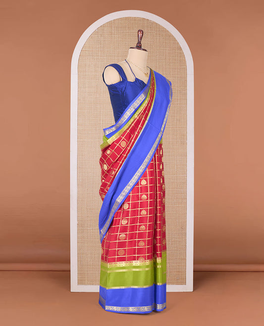 Red buttas enclosed checked Mysore silk saree, contrast colorful traditional zari border, and zari design pallu