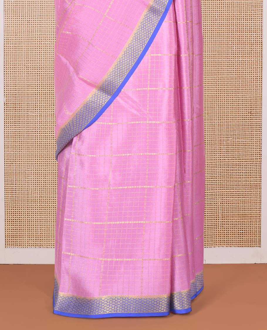 Pink zari buttas Mysore silk saree, contrast Peacock eye zari border, and pallu of zari stripes