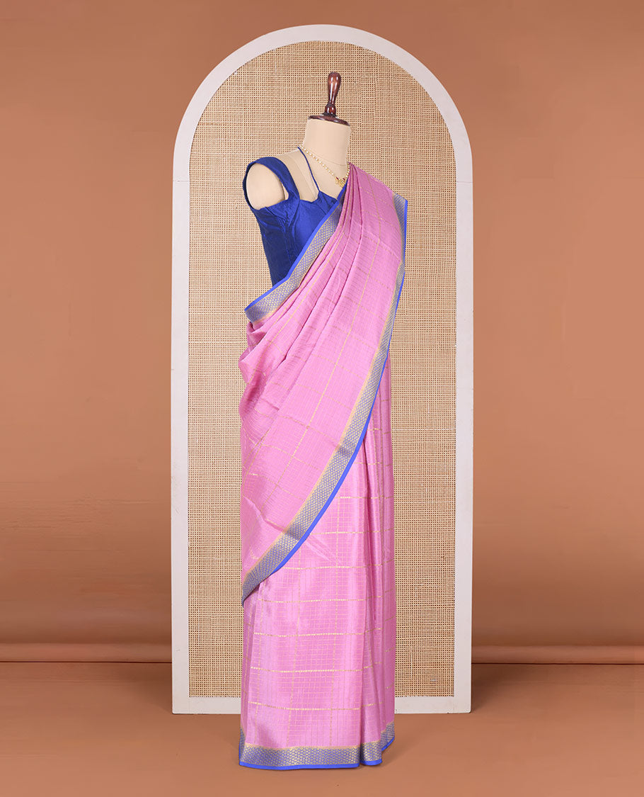 Pink zari buttas Mysore silk saree, contrast Peacock eye zari border, and pallu of zari stripes
