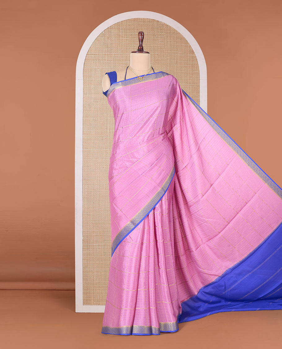 Pink zari buttas Mysore silk saree, contrast Peacock eye zari border, and pallu of zari stripes
