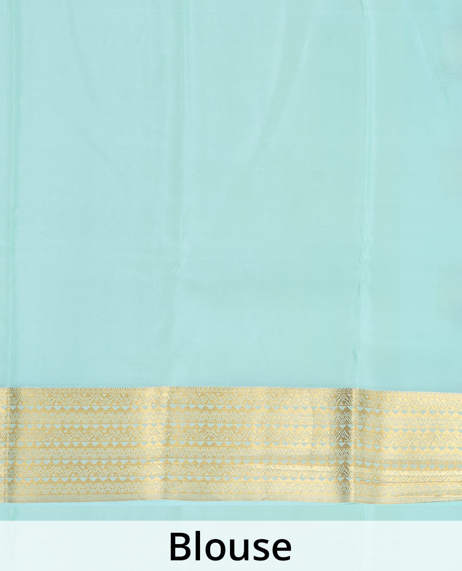 Pale green zari floral motifs woven Mysore silk saree, traditional motifs border, and pallu of intricate designs