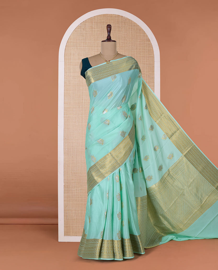 Pale green zari floral motifs woven Mysore silk saree, traditional motifs border, and pallu of intricate designs