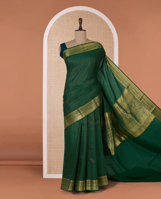 Green zari buttas Mysore silk saree, traditional zari border, and pallu of jaal design