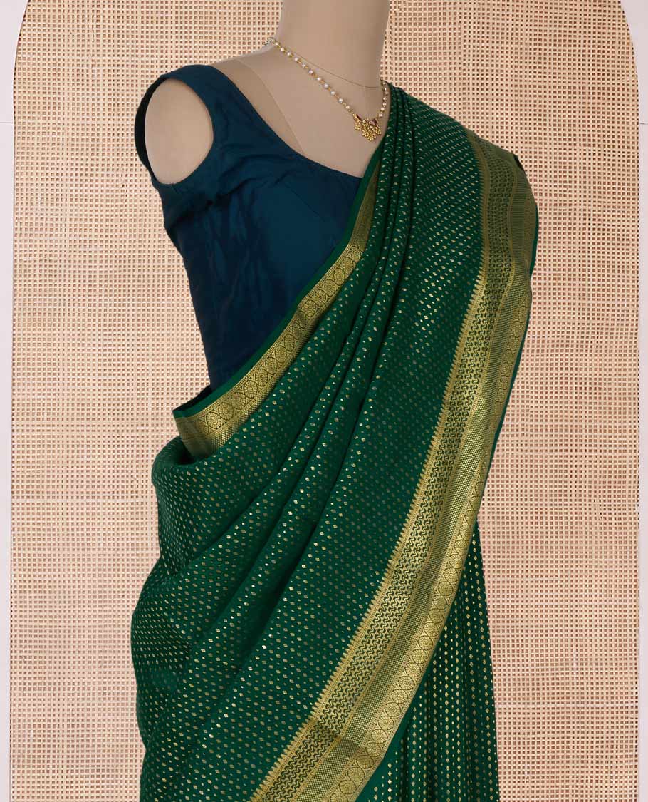 Green zari buttas Mysore silk saree, traditional zari border, and pallu of jaal design