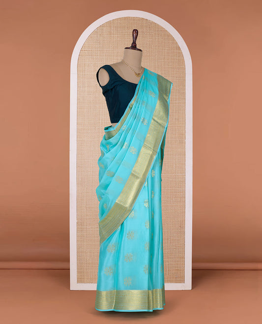 Green zari buttas Mysore silk saree, traditional zari border, and jaal pallu