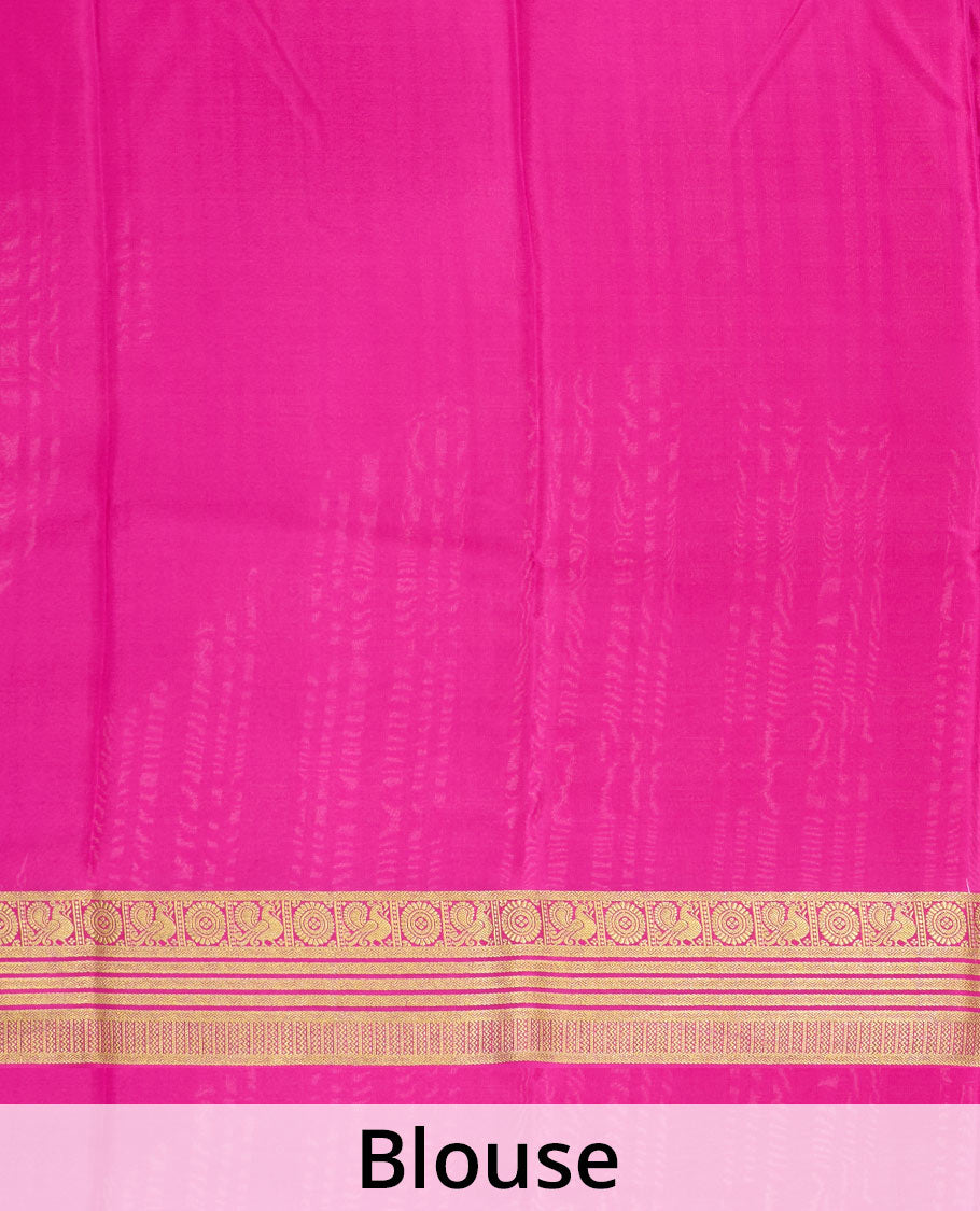 Green plain Mysore silk saree, contrast Peacock and chakram border, and pallu of traditional zari designs