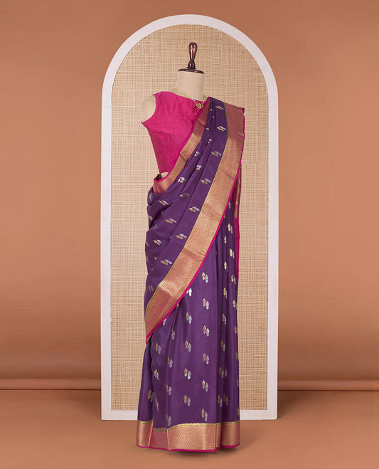 Purple zari buttas Mysore silk saree, contrast traditional zari border, and pallu of jaal design