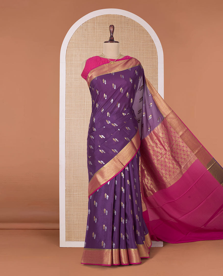 Purple zari buttas Mysore silk saree, contrast traditional zari border, and pallu of jaal design