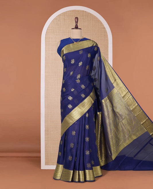 Blue zari buttas Mysore silk saree, traditional zari border, and pallu of jaal design