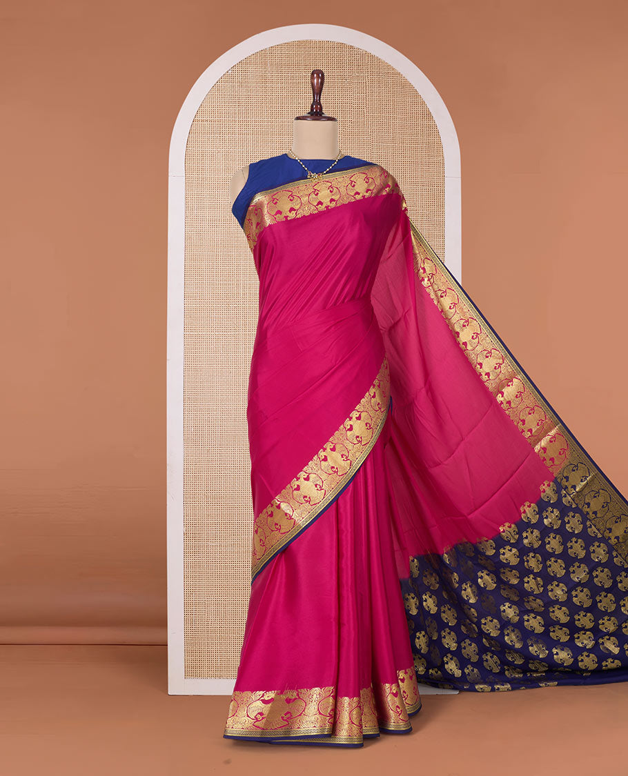 Pink plain Mysore silk saree, two-headed eagle zari border, and pallu steeped with two-headed eagle motifs