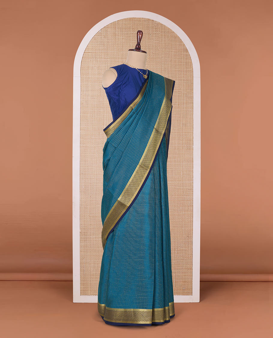 Green micro zari checked Mysore silk saree, contrast zari border, and pallu features traditional zari designs