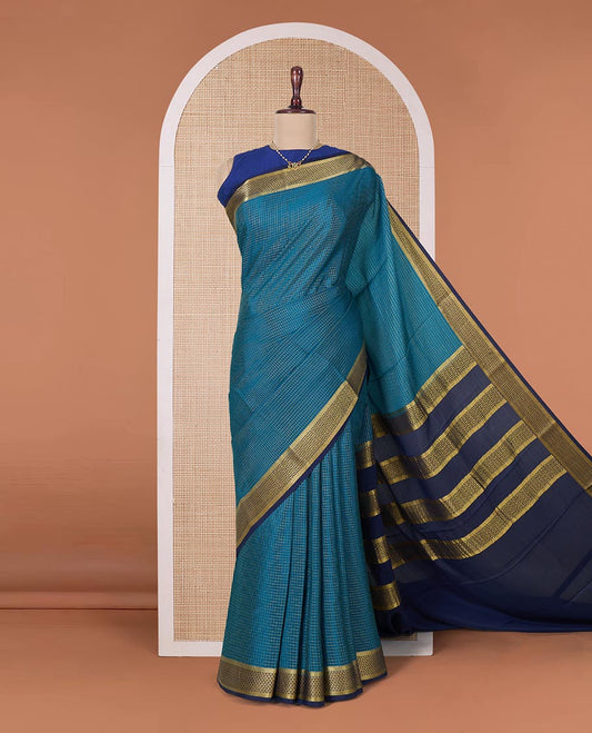 Green micro zari checked Mysore silk saree, contrast zari border, and pallu features traditional zari designs