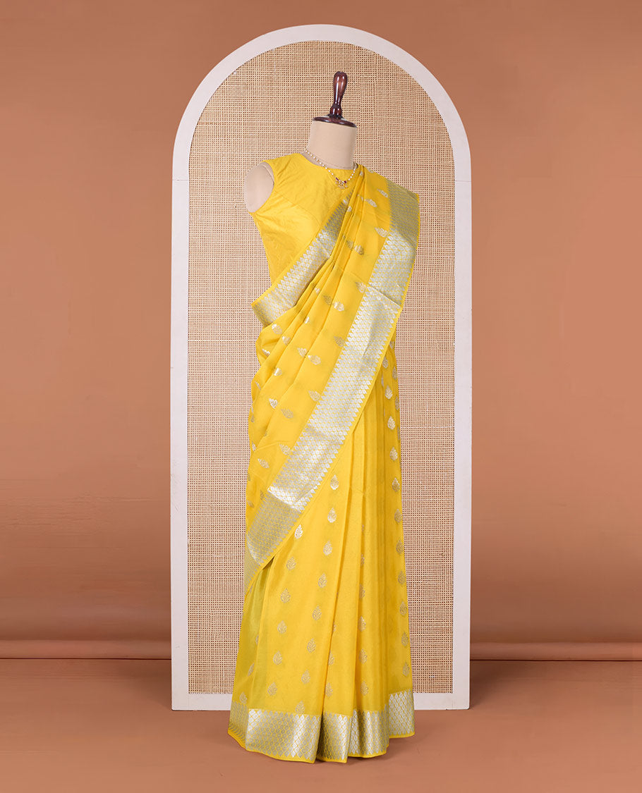Yellow zari buttas Mysore silk saree, traditional zari jaal border, and zari elevated jaal pallu