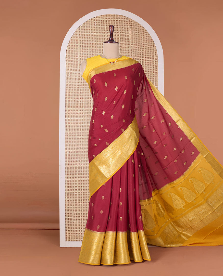 Maroon zari buttas Mysore silk saree with contrast traditional zari border, and a pallu of paisleys