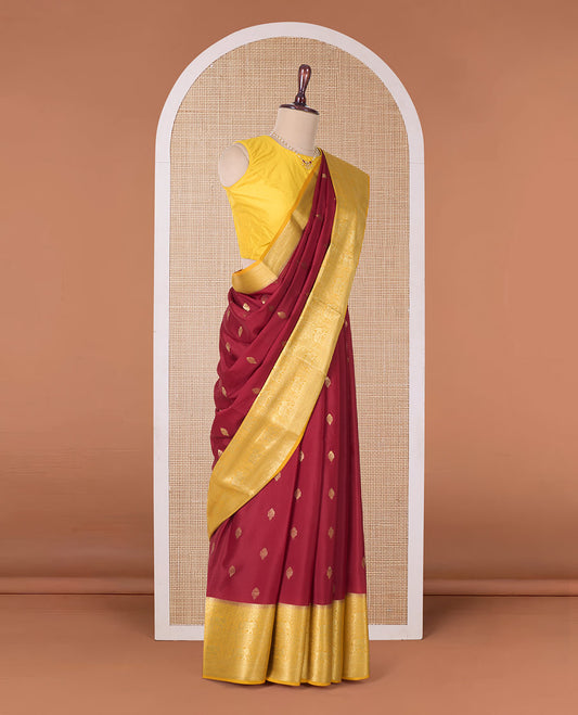 Maroon zari buttas Mysore silk saree with contrast traditional zari border, and a pallu of paisleys