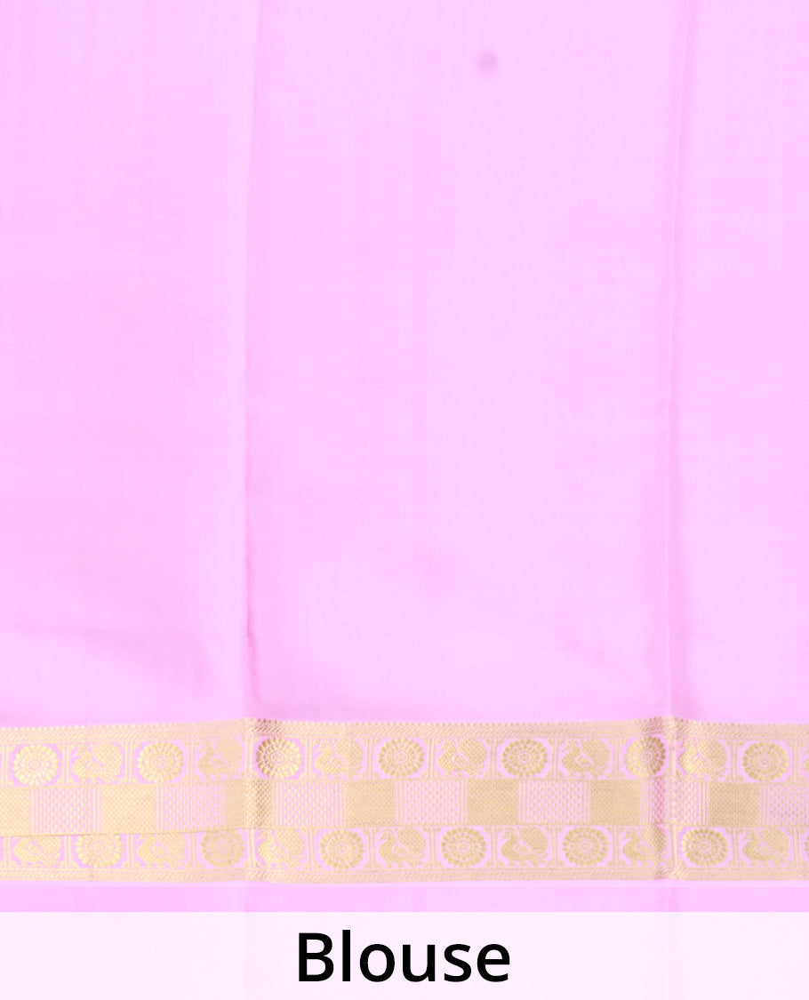 Red zari buttas Mysore silk saree, contrast peacock chakra motifs border, and traditional zari design pallu