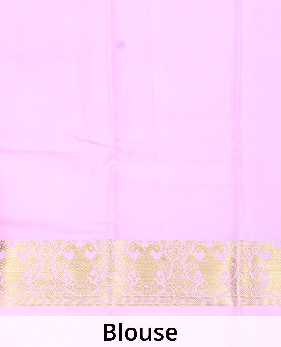 Pink plain Mysore silk saree, two-headed eagle zari border, and pallu steeped with two-headed eagle motifs