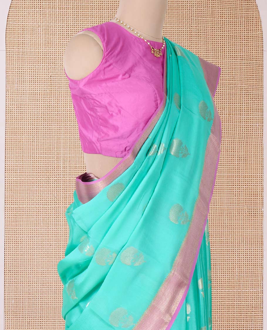 Green floral zari buttas Mysore silk saree, contrast traditional zari border, and scallop design pallu
