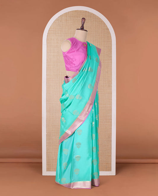 Green floral zari buttas Mysore silk saree, contrast traditional zari border, and scallop design pallu