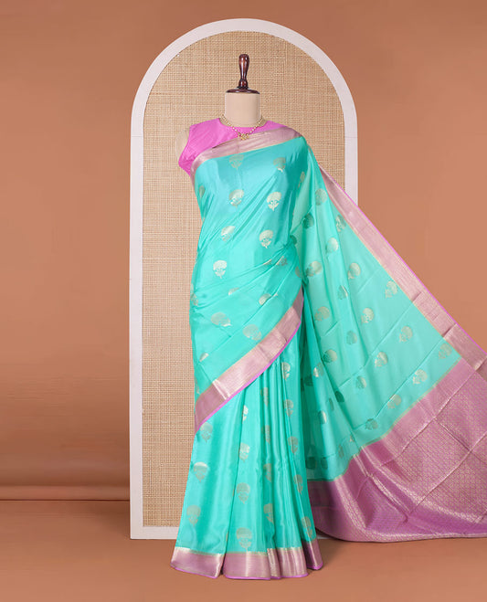 Green floral zari buttas Mysore silk saree, contrast traditional zari border, and scallop design pallu