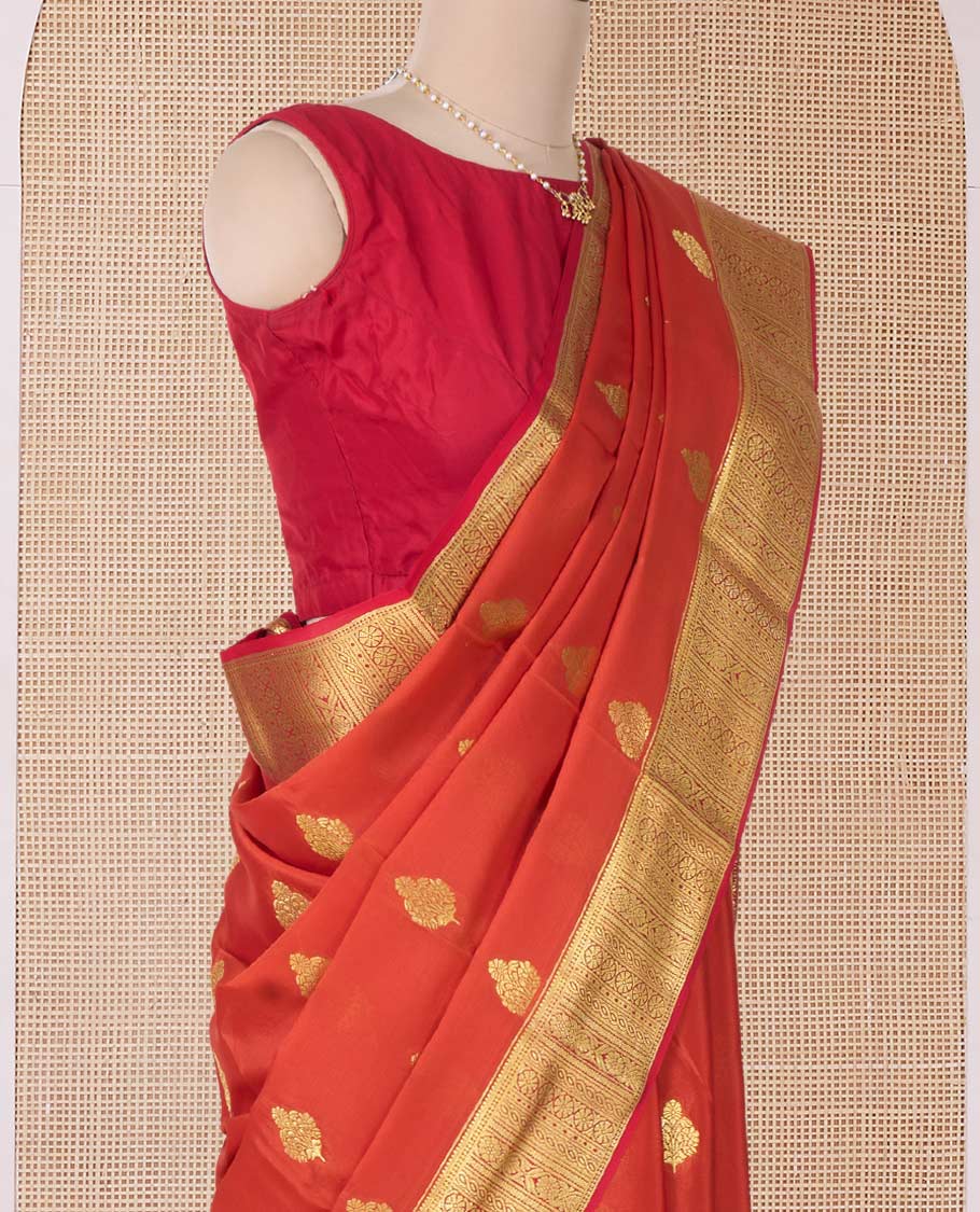 Orange zari buttas Mysore silk saree, traditional zari border, and ogee patterned pallu