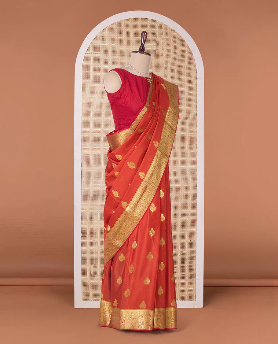 Orange zari buttas Mysore silk saree, traditional zari border, and ogee patterned pallu