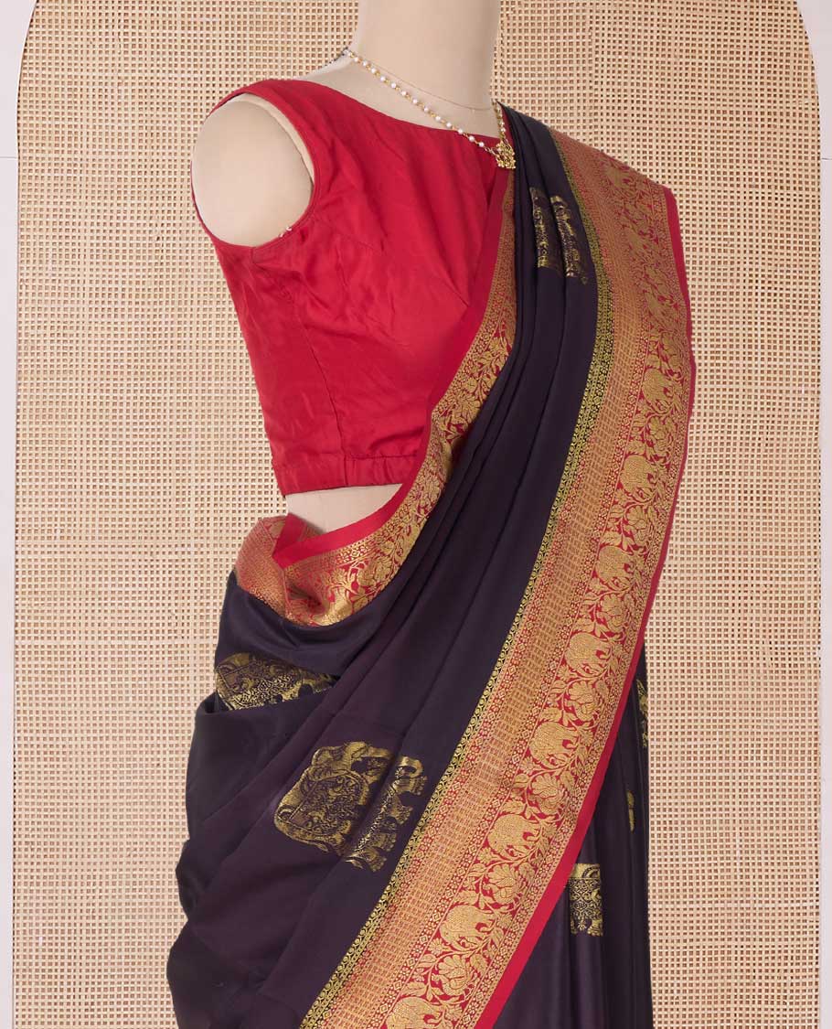 Maroon elephant buttas Mysore silk saree, contrast traditional zari border, and butta enclosed checked pallu