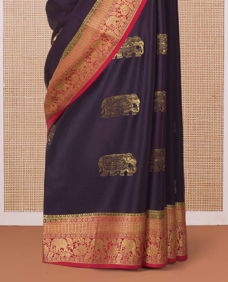 Maroon elephant buttas Mysore silk saree, contrast traditional zari border, and butta enclosed checked pallu