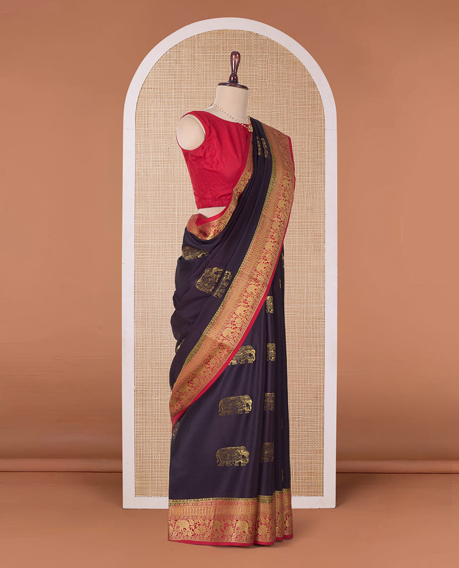 Maroon elephant buttas Mysore silk saree, contrast traditional zari border, and butta enclosed checked pallu
