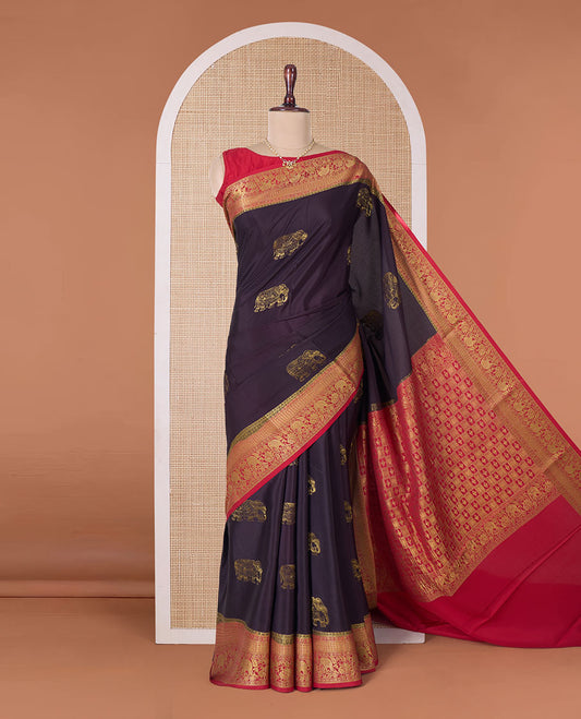 Maroon elephant buttas Mysore silk saree, contrast traditional zari border, and butta enclosed checked pallu