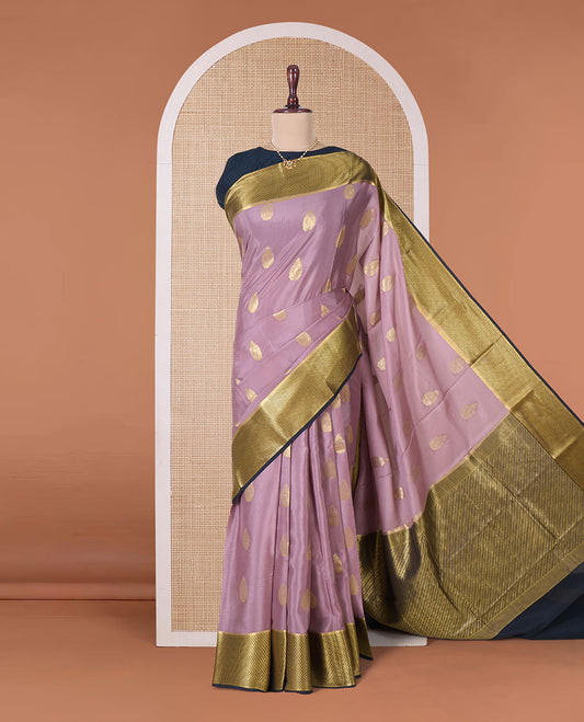 Onion pink zari buttas Mysore silk saree, contrast traditional zari border, and geometric patterned pallu