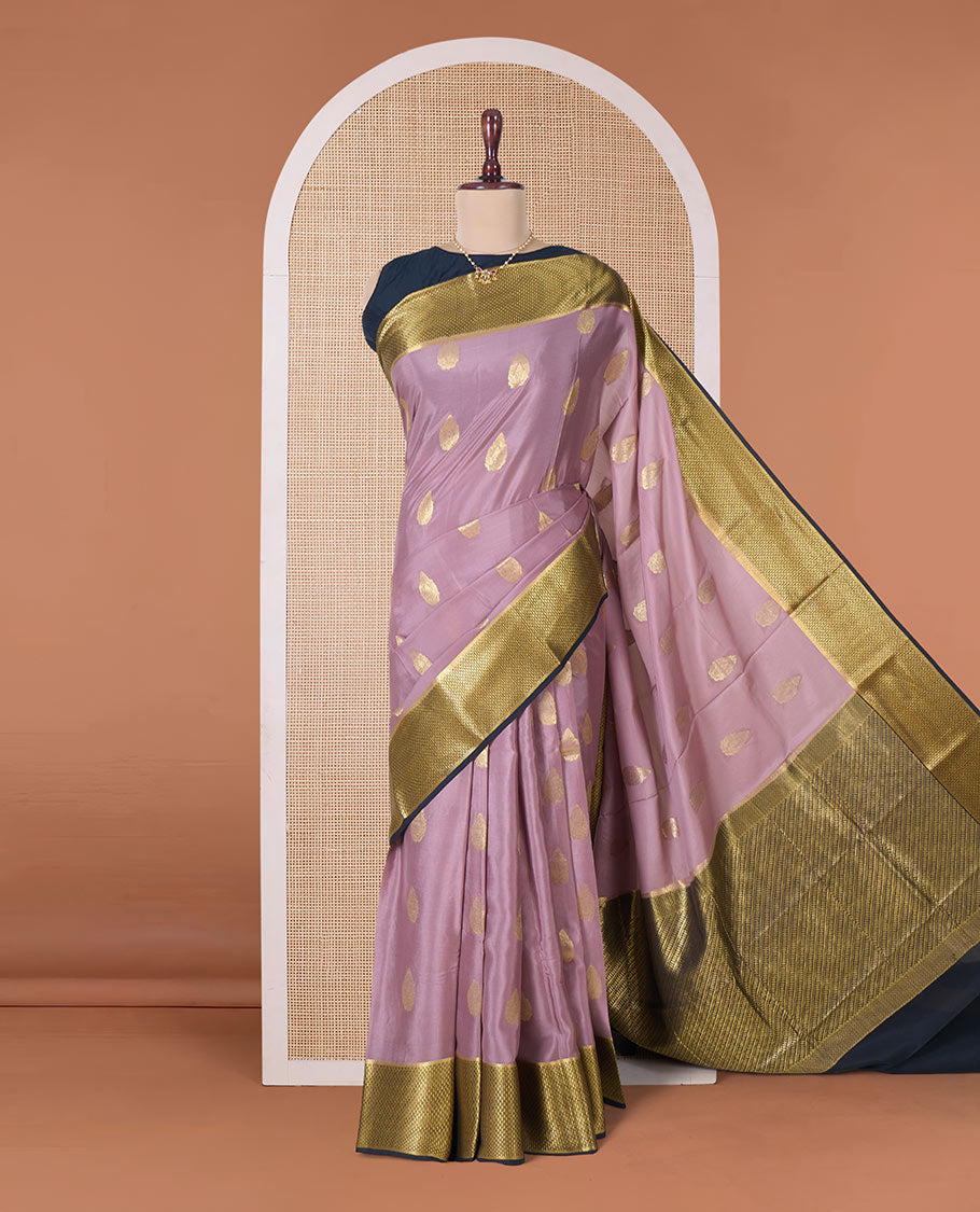 Onion pink zari buttas Mysore silk saree, contrast traditional zari border, and geometric patterned pallu