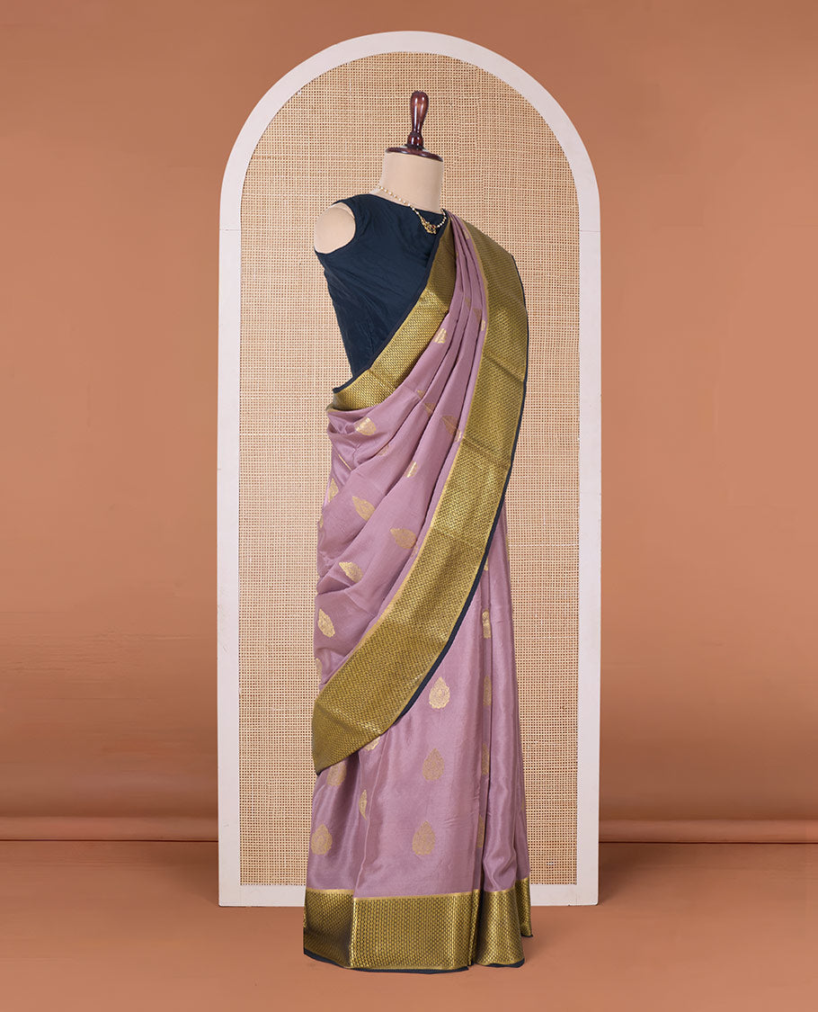 Onion pink zari buttas Mysore silk saree, contrast traditional zari border, and geometric patterned pallu