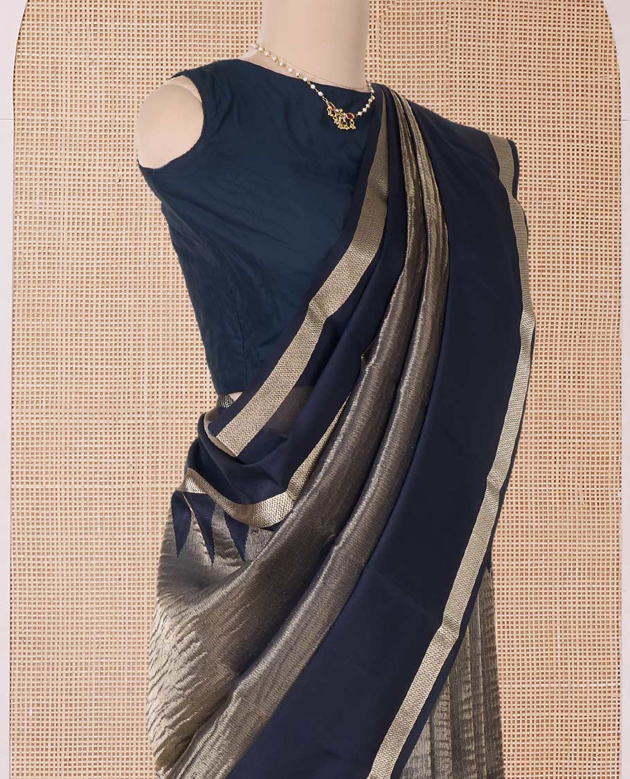 Black shimmer Mysore silk saree, contrast rettai pettu traditional designs, and pallu of Pichwai cow motifs