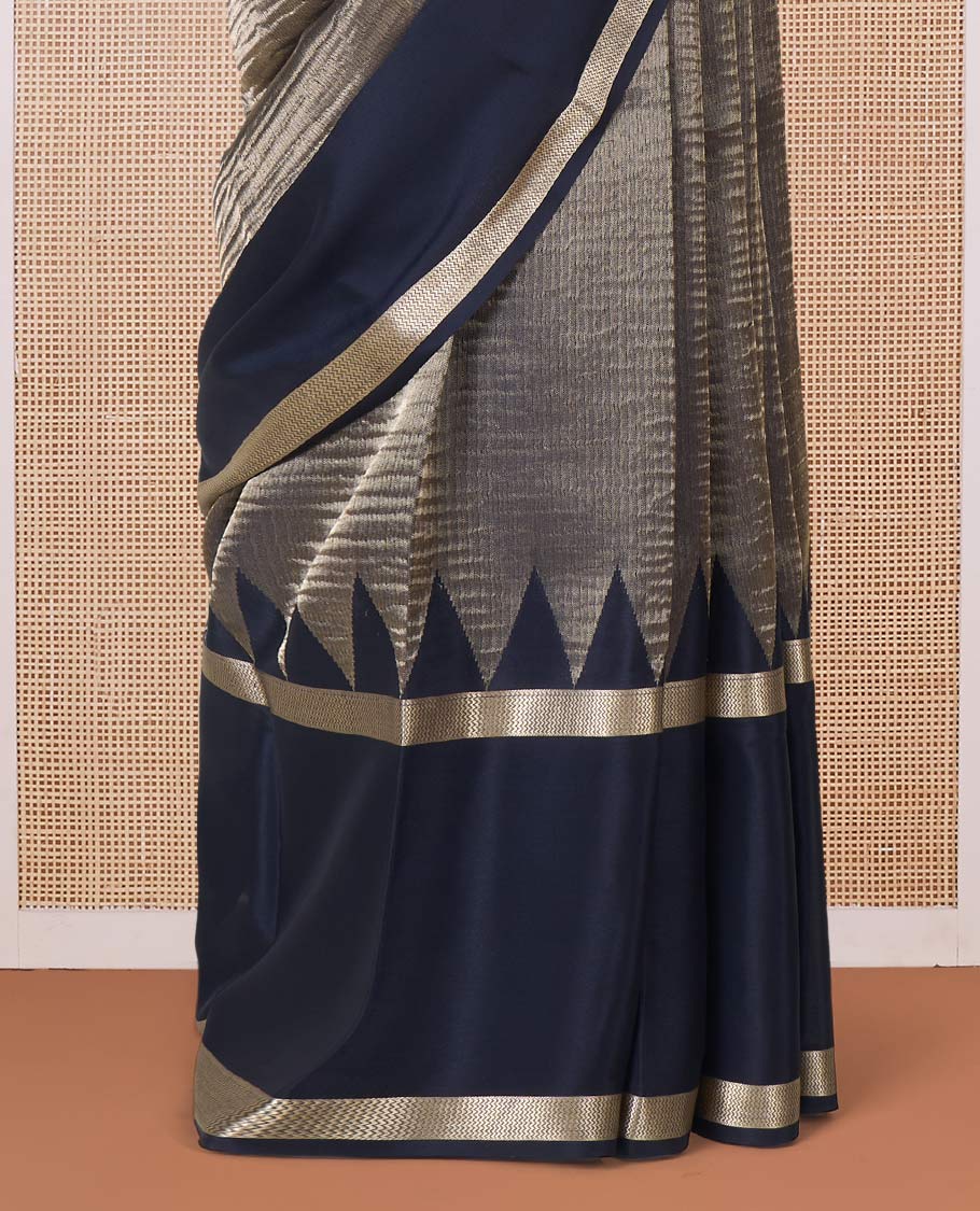 Black shimmer Mysore silk saree, contrast rettai pettu traditional designs, and pallu of Pichwai cow motifs