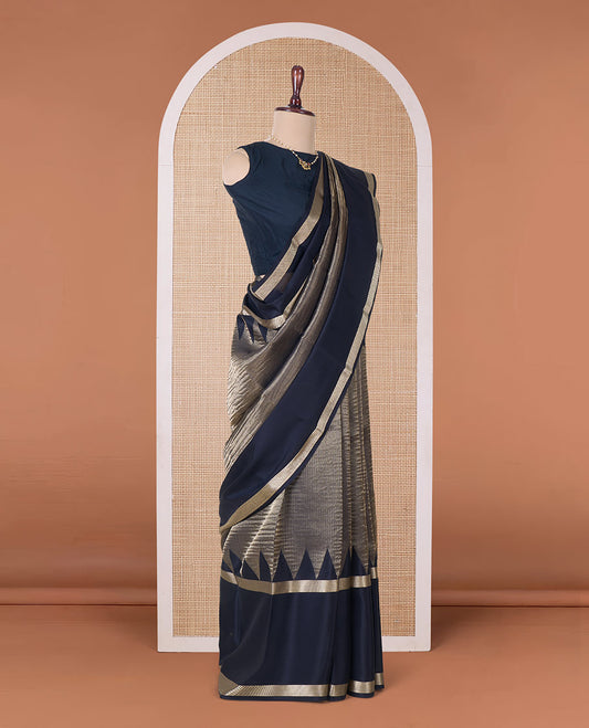 Black shimmer Mysore silk saree, contrast rettai pettu traditional designs, and pallu of Pichwai cow motifs
